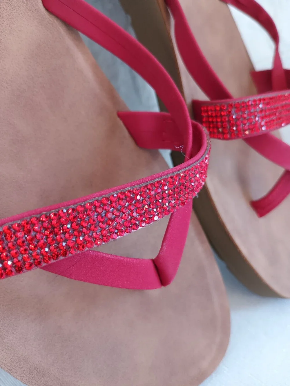 Red Crystal Slide Sandals Soft Suede Flat Strappy Colorful Cute Summer Sparkle 9